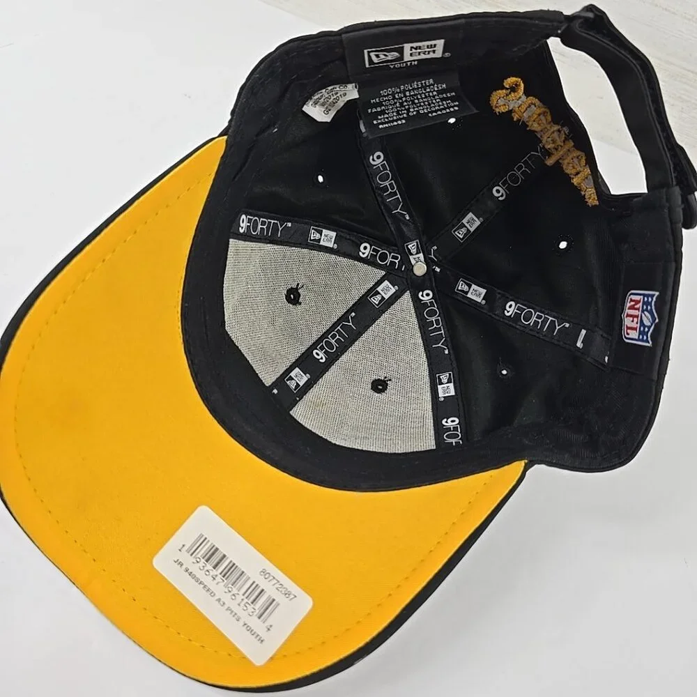 PITTSBURGH STEELERS NEW ERA Hat Black YOUTH Baseball Cap 9FORTY 100% Polyester..